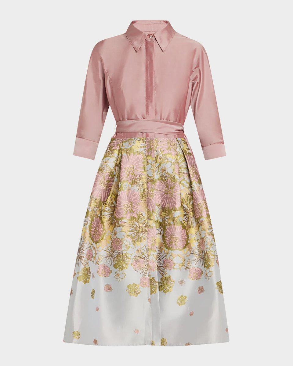 Pleated Floral Jacquard Midi Shirtdress